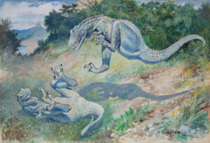 チャールズ・R・ナイト《ドリプトサウルス（飛び跳ねるラエラプス）》1897年 グアッシュ・厚紙 40×58cm アメリカ自然史博物館、ニューヨーク Image #100205624, American Museum of Natural History Library